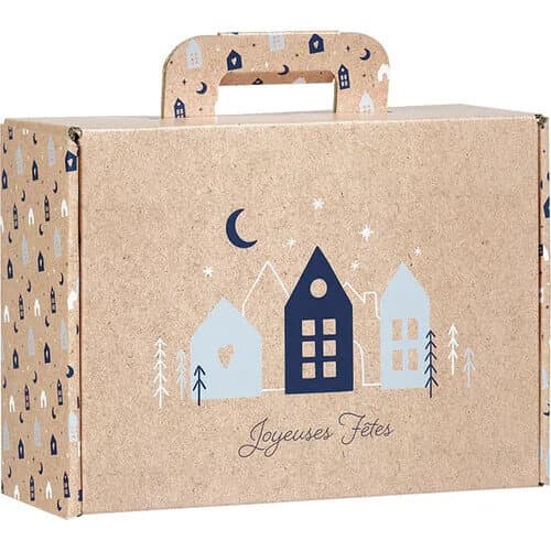 Valisette carton kraft rectangle OSLO bleu/blanc - 25.0 x 18.5 x 9.5 cm