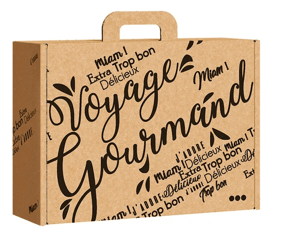 Valisette carton kraft rectangle VOYAGE GOURMAND noir - 34.2 x 25.0 x 11.5 cm